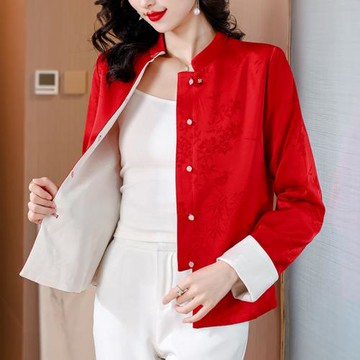 真絲宋錦外套雙面穿新中式過年喜慶女裝唐裝盤扣上衣新年紅色開衫