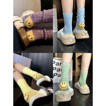 SSWEATSHOP粗線笑臉日系潮襪創意設計小眾撞色針織中長筒堆堆女襪