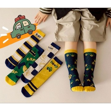 現貨汽車塗鴉雙針襪2-8歲兒童汽車中筒襪 無線頭童襪 卡通雙針童襪