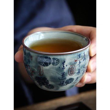 中式哥窯開片青花陶瓷山水主人杯單杯仿古家用功夫茶具茶杯品茗杯