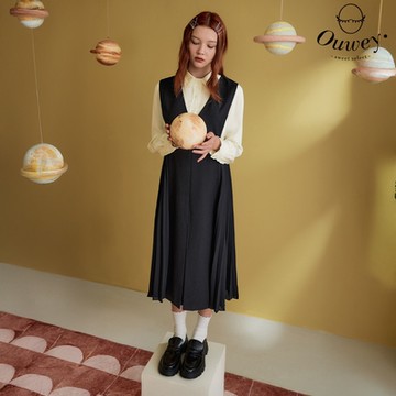 OUWEY歐薇 深V側壓褶雪紡長版背心洋裝(黑色；S-L)3233327504