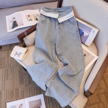 廣州十三行爆款撿漏~時髦有腔調 設計感淺色翻邊高腰闊腿牛仔褲女