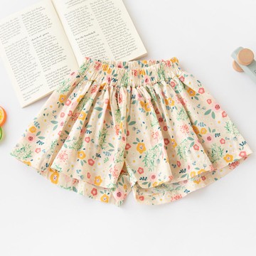 FANMOU - 99%棉腰鬆緊印花短褲-碎花-卡其色