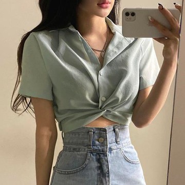 韓國chic夏季簡約百搭翻領單排扣扭結設計感短袖短款襯衫上衣女