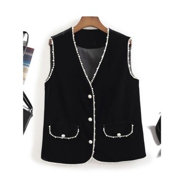 柜上1K+！矜貴奢美！復古小香風重工珍珠邊V領無袖絲絨馬甲外套女