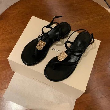 真皮絕美夾趾羅馬涼鞋女夏季仙女夾腳中跟度假沙灘法式一字帶粗跟