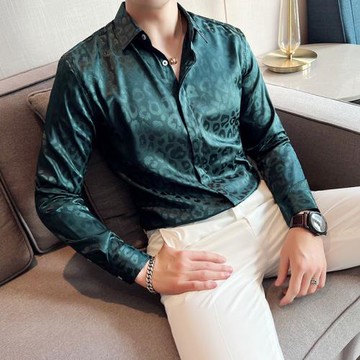 冰絲緞面空調襯衫男垂感夏季長袖涼爽薄款防曬服暗花紋襯衣男痞帥