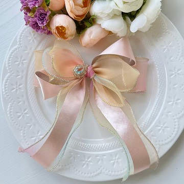 獨家大型立體紗質蝴蝶結髮飾頭飾髮夾-橘粉色