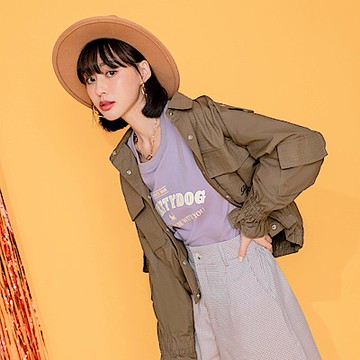 高含棉率性縮口工裝短版風衣外套-OB大尺碼