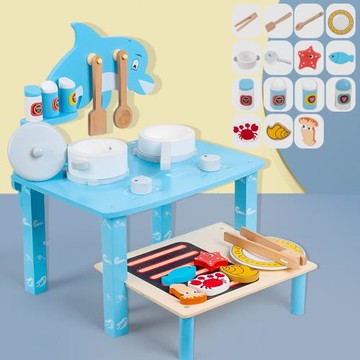 仿真木質過家家卡通海豚灶臺燒烤組功能廚房餐廚具寶寶扮演玩具