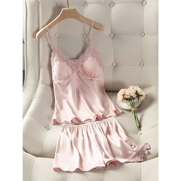 睡衣女夏季薄款絲綢吊帶短褲兩件套純色露背性感帶胸墊聚攏家居服