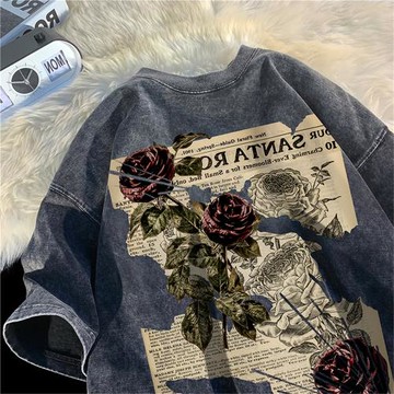 美式復古做舊水洗玫瑰短袖T恤男女潮ins寬松情侶vintage半袖上衣