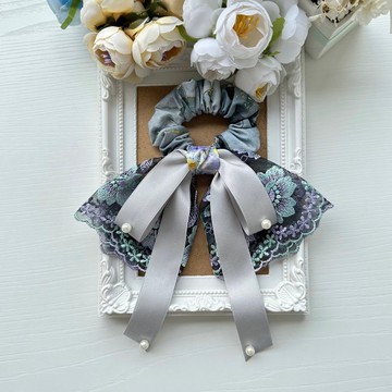 長尾蝴蝶結蕾絲浪漫風格棉布髮圈大腸圈髮飾-灰色