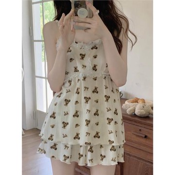 帶胸墊純棉睡衣女士夏季甜美花邊可愛吊帶短褲背心家居服兩件套裝