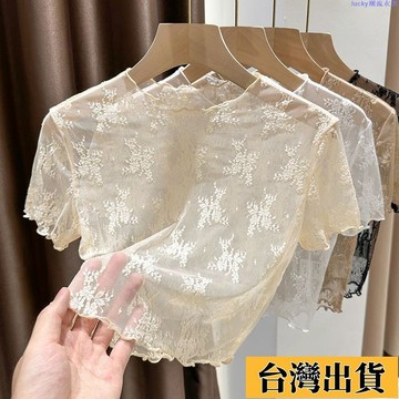🌷新店優惠🌷【辣妹】透視網紗打底衫女夏季吊帶裙內搭短袖t恤紗衣木耳邊短款蕾絲上衣