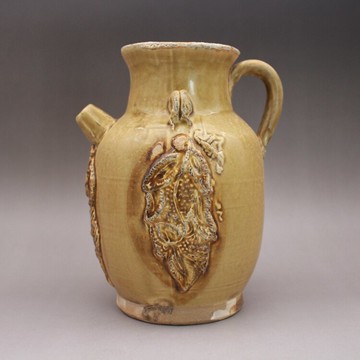 唐代 長沙窯銅官窯黃褐釉雕刻人物紋執壺 古玩古董陶瓷器收藏擺件