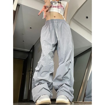 P3-【限時特賣】長褲女 女生褲子 寬褲 運動褲 冰絲長褲 高腰褲 顯瘦長褲夏季美式多巴胺復古速乾抽繩闊腿運動休閒褲寬鬆