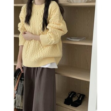 ZY自制 復古麻花肌理圓領套頭黃色毛衣女秋冬加厚寬松針織上衣