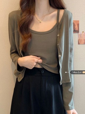 吊帶開衫外套兩件套女裝早春季外搭小披肩韓系小個子百搭短款上衣