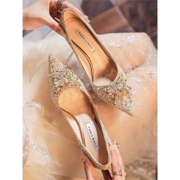 香港高跟鞋女2025春新款水晶婚紗婚鞋銀色仙女細跟宴會禮服新娘鞋