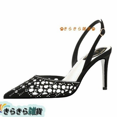 サンダル ポインテッドトゥ 透かし彫り ピンヒール レディース 6cm/8cmヒール バックストラップ ラインストーン かかとなし 出かけ