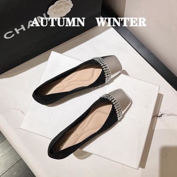 法式復古仙女小香風水鉆單鞋女平底春秋女士淺口拼色軟底方頭瓢鞋