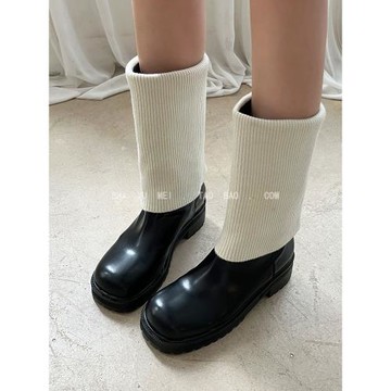 飾與美韓國東大門秋冬新款圓頭方跟拼接針織兩穿褲管套筒中靴子女