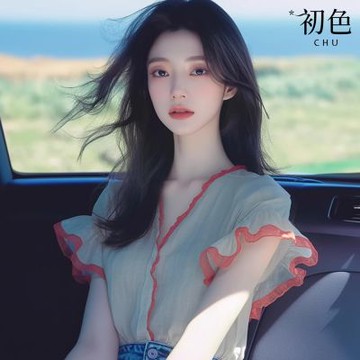 初色 法式撞色拼接荷葉邊V領短袖襯衫上衣女上衣-綠色-36260(M-3XL可選)