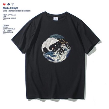 夏季潮牌中國風白鶴海浪印花t恤短袖男國潮學生寬松純棉圓領體恤
