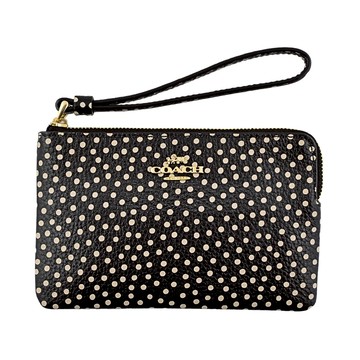 COACH象牙白點點印花黑色荔枝紋皮革L型拉鍊萬用手拿包