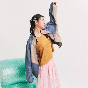 【Dailo】拼接不對稱拉鍊設計防潑水長袖外套 藍 粉