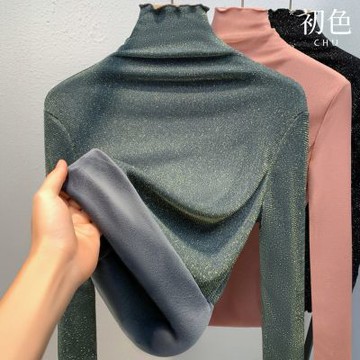初色 復古風閃絲網紗木耳邊高領長袖保暖內搭打底T恤發熱衣上衣女上衣-共4色-16847(M-3XL可選)