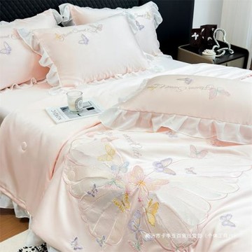 夏季公主風冰絲四件套刺繡蝴蝶真絲花邊夏涼被親膚透氣空調薄被子