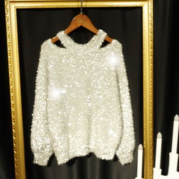 chic女神亮絲閃閃毛衣毛茸茸寬松慵懶性感露肩掛脖上衣