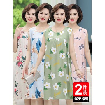 棉綢睡裙女夏季2025年新款人造棉睡衣中老年媽媽大碼寬松連衣裙薄