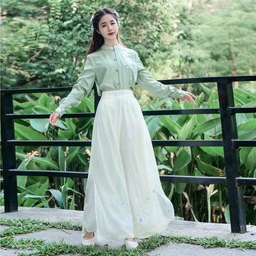 秋季新款民族風改良漢服女裝宋褲刺繡復古高腰闊腿褲寬松長褲1入