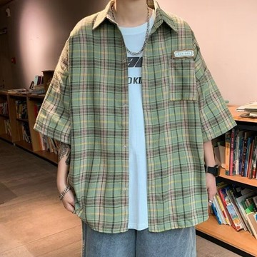 日系短袖襯衫復古格子新款休閒襯衣五分夏季潮牌高街寬鬆潮流外套