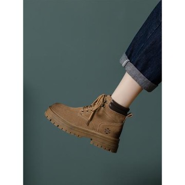 店主自留新款~真皮棕色內增高馬丁靴女春秋百搭復古沙漠厚底短靴