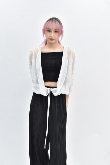 (L) 【簡立喆私服】reve韓牌質感紡紗長袖連帽透膚條紋白色罩衫