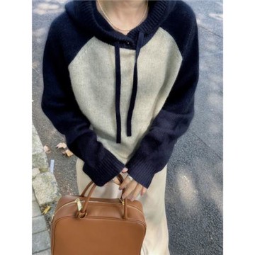 氛圍感連帽100純羊毛衫女拼色內搭秋冬新針織羊毛打底帽衫毛衣