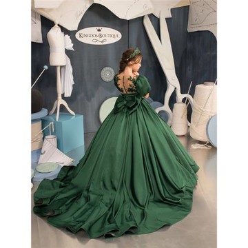 綠色兒童禮服模特走秀拖尾女童公主裙緞生日歐美鋼琴演出服主持人