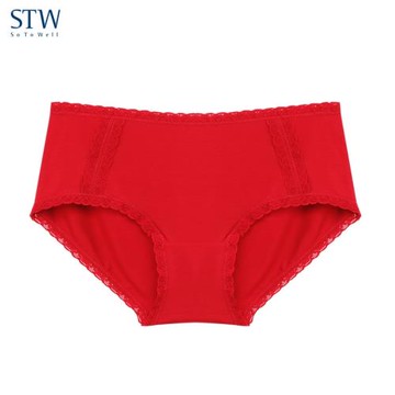 STW女士紅色內褲莫代爾中腰馬年本命年結婚三角褲性感蕾絲邊短褲