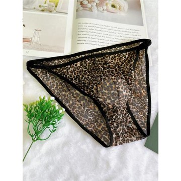 透氣蕾絲性感無痕網絲囊袋男士細帶三角褲豹紋U凸個性大碼男內褲