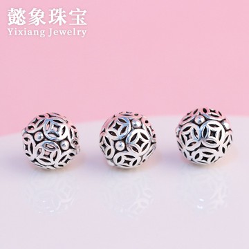 s925銀珠子散珠 鏤空素銀銅錢圓珠 佛珠隔珠 串珠文玩手鏈配件