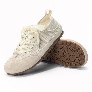 Taroko 文青布面拼接透氣蕾絲綁帶平底休閒鞋(2色可選)