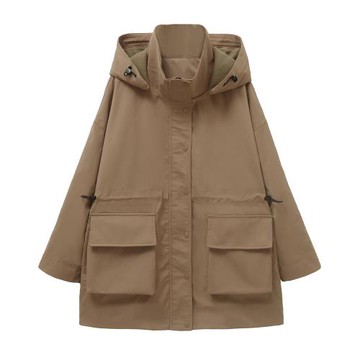 結構沖鋒衣 抽繩連帽防水工裝風黑色寬松百搭加絨外套女秋