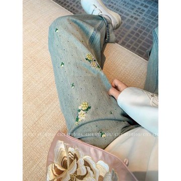 韓版碎花燙鉆高腰春季休閑刺繡