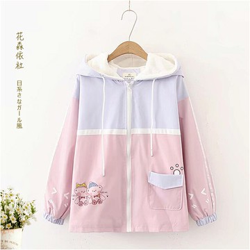 少女甜美貓咪印花加絨連帽外套初高中學生秋冬寬松拼色保暖棉衣服