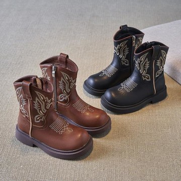 兒童馬丁靴2024秋冬新款軟底中筒切爾西靴女童國風復古刺繡牛仔靴