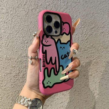 線條可愛小貓蘋果17promax手機殼iPhone16pro卡通菲林二合一保護套15pro女13可愛保護套14plus新